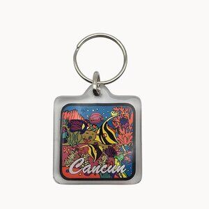 Vintage Colorful " CANCUN " Tropical Fish Themed Square Keychain Gift Accessory